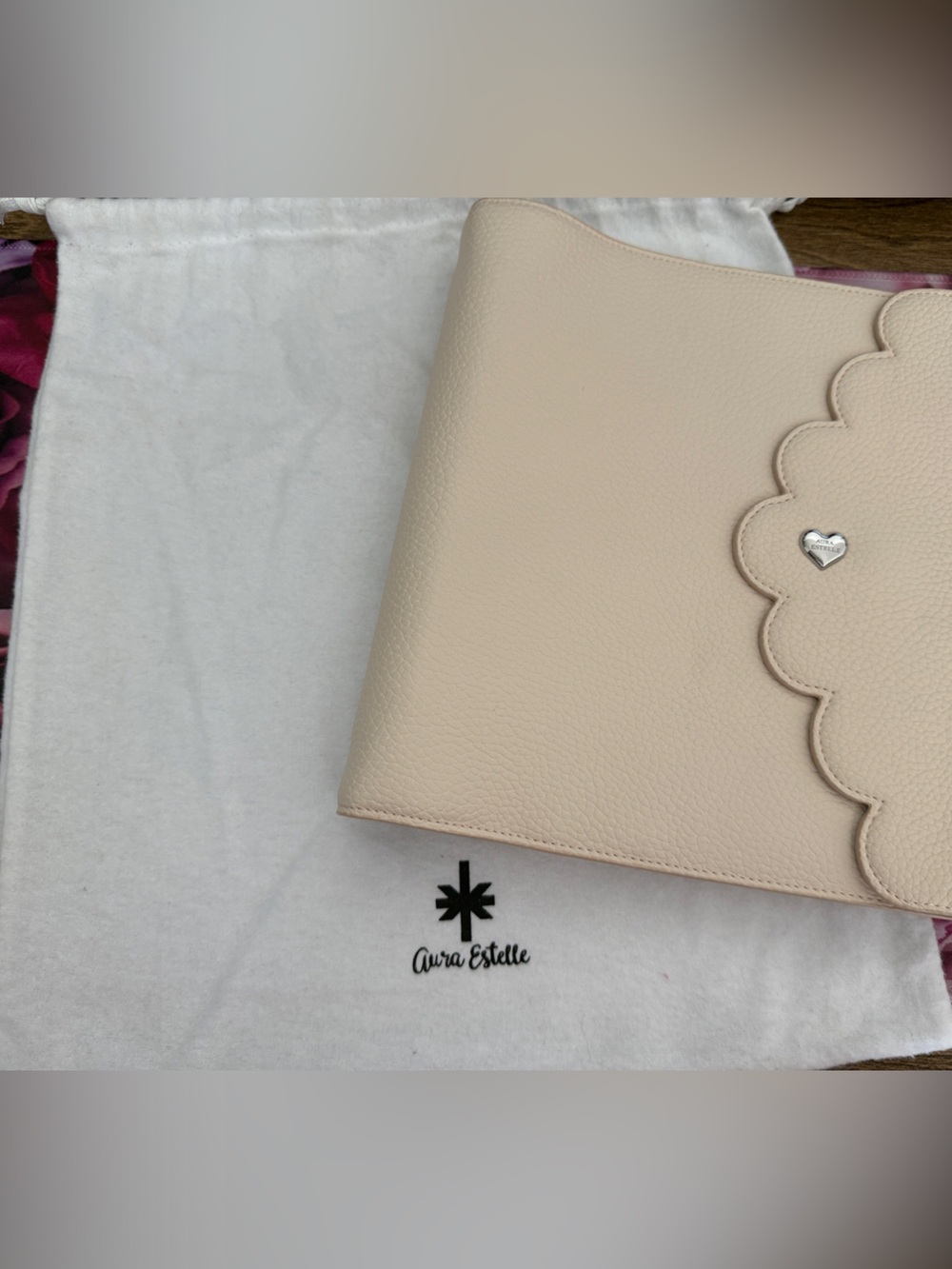Aura Estelle Beige Scallop Leather Clutch with Heart Detail